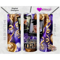 senior 2023 tumbler wrap, graduation tumbler design, picture frame tumbler wrap, gold and purple balloons, 20oz sublimat