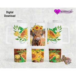 highland cow tumbler wrap, sunflower tumbler wrap, watercolor tumbler wrap, 40oz sublimation tumbler png, seamless desig