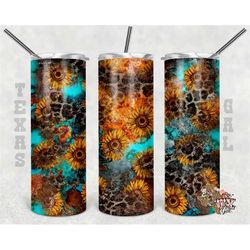 20 oz skinny tumbler sunflower turquoise leopard  sublimation design png instant digital only