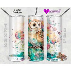 owl tumbler wrap, watercolor tumbler wrap, 20 oz skinny tumbler sublimation design, seamless pattern