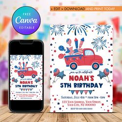 4th of july birthday invitation, party in the usa birthday party invitation canva editable instant download