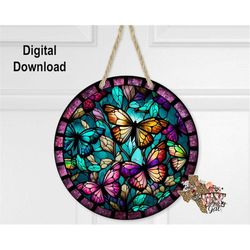 sublimation round door hanger design png, stain glass butterflies sublimation design, 10 inch hardboard blank design, di