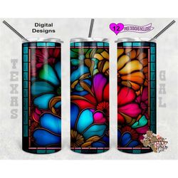 Stain Glass Tumbler Wrap, Flowers Sublimation Design, 20oz Sublimation Tumbler Wrap, Digital Download