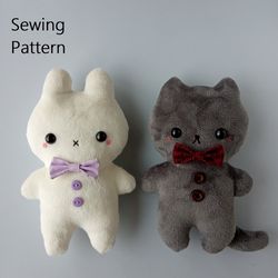 2in1 Cute Bunny And Cat Plush Toy Patterns Instant Download (in 2 sizes) Small Sewing Projects