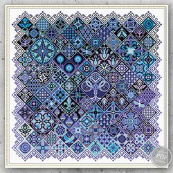 Cross Stitch Sampler Mosaic Geometric Cross Stitch Garden Blue Cross Stitch Pattern - Folk Ethnic Design 349