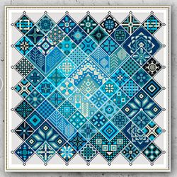 Cross Stitch Pattern Geometric Square Blue Patchwork Ethnic Folk Art Design PDF Digital Pdf File Instant Download 339