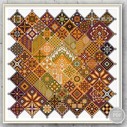 Cross Stitch Pattern Geometric Square Orange Patchwork Ethnic Folk Art Design Pattern Digital Pdf File 340