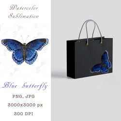 Watercolor sublimation Blue butterfly PNG, JPEG