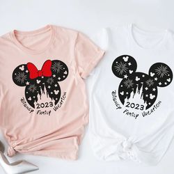 family vacation 2023 t-shirt, mickey mouse and minnie mouse head with castle and fire