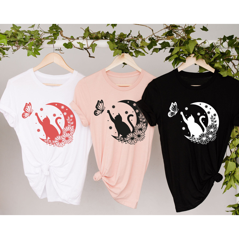 Floral Cat Shirt, Floral Cat Tee, Cat Lover Shirt, Animal Lover Tee, Cat And Butterfly Tee, Floral Animal Shirt, Gift For Her, Gift For Mom - 1.jpg