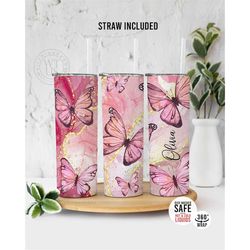 custom pink butterfly tumbler with straw - colorful butterfly tumbler - butterfly lover gifts- butterfly gifts for women