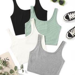 Women's Clothing 4 Pcs Set Crop Tank Top, Casual Basic High Stretch Summer Workout Yoga Gym Tank Top