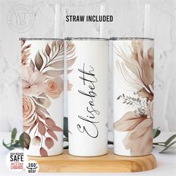 floral  tumbler , personalized floral name tumbler , gift for her, fall name tumbler ,tumbler gift, fall tumbler , brown