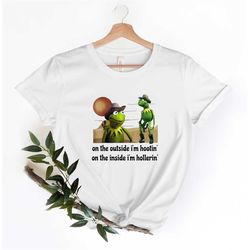 on the outside i'm hootin but on the inside i'm hollerin, ironic kermit meme, twitter meme, sarcastic kermit the frog, h