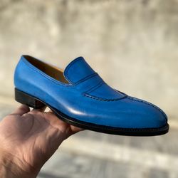 Men's Bespoke Blue Leather Loafers, Men's Handmade Hand Stitched Upper Moccasins