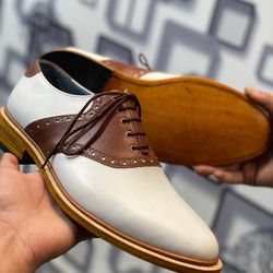 Handmade Two Tone Brown & White Leather Oxford Brogue Dress Lace Up Men's Shoes