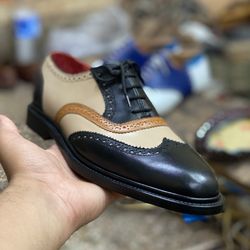 Bespoke Handmade Cream, Tan And Black Leather Shoes,Men's Dress Party Wear Oxford Brogue Wingtip Shoes