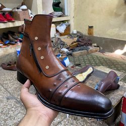 Men's Handmade Brown Leather Boots, Men's Bespoke Double SIde Zipper Buckle Strap Jodhpur