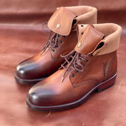Men's Handmade Brown Leather Military Boots, Men's High Ankle Combat Boots
