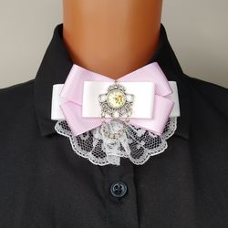 Lilac white bow tie brooch Collar bow brooch Lace bow tie pin with chain Vintage style neck bow