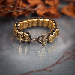 Massive bracelet with Futhark runes and thor hammer. Traditional Viking pagan bangle. heavy brass bead man jewelry.