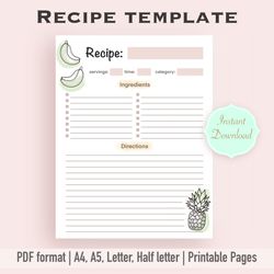 recipe template, recipe template printable, printable recipe, recipe page, cookbook template, recipe card template, reci