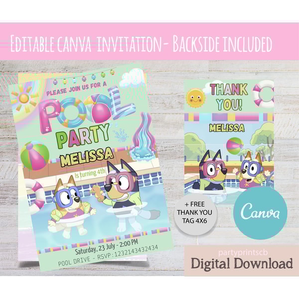 Bluey CANVA Birthday Pool Party Invitation, editable Bluey S | Inspire ...