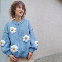 3D flowers sweater, embroidered sweater, oversized sweater, chunky knit sweater, daisy sweater, handmade sweater