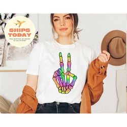 skeleton peace sign shirt, peace sign tee, rainbow skeleton, colorful skeleton t-shirt, peace sign shirt, birthday gift