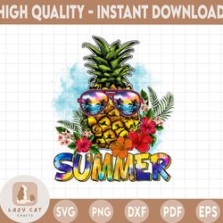 pineapple png with summer sunglasses palm tree sunset flowers png |watercolor png | beach tropical summer png sublimatio