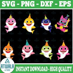 6 family sharks birthday character with pink fong svg,png,shark's friends svg, pink fong svg, family shark svg, dxf, eps