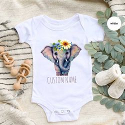 Custom Elephant Onesie, Personalized Elephant Toddler Shirts, Cute Animal Baby Bodysuit, Kids Birthday Gifts, Floral Ele