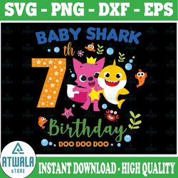 shark 7th birthday svg, boy birthday shark svg dxf eps, boy seventh birthday clipart, seven year old, baby, shark, 7th b