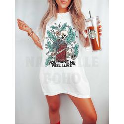 you make me feel alive tee, death before decaf t-shirt, vintage inspired  cotton t-shirt, ubisex tee, comfort colors t-s