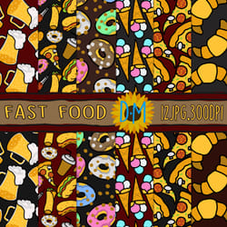 fast food seamless pattern, street food set for scrapbooking and crafting hot dog, burger, cola, pizza, donut, ice cream
