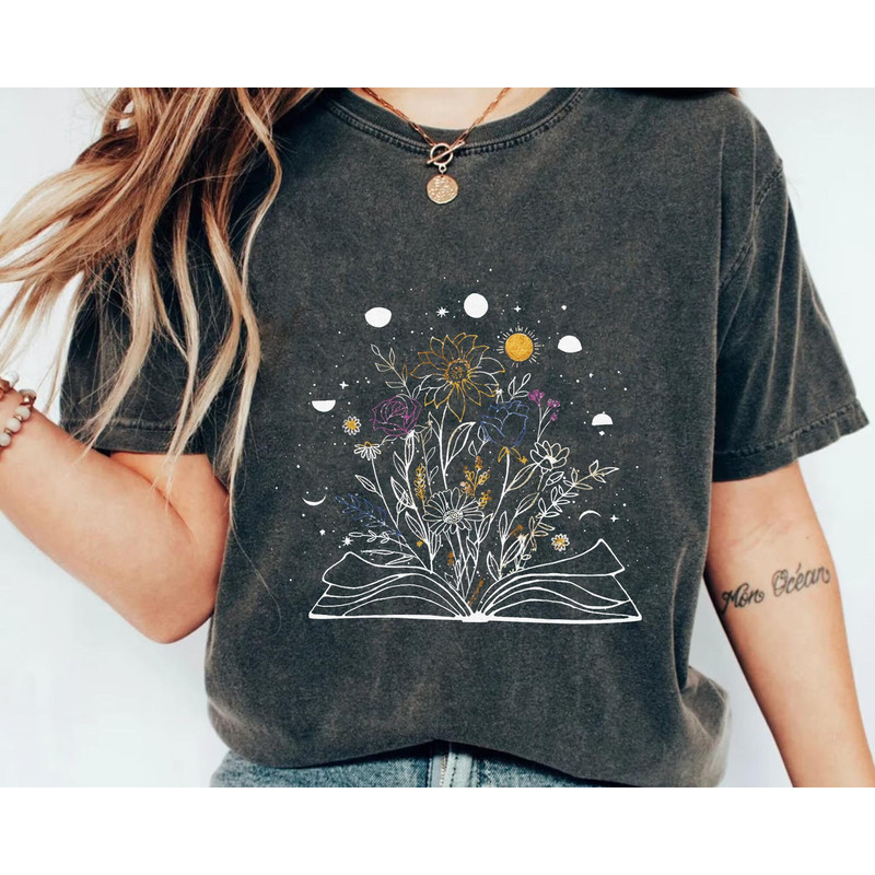 Book And Wildflowers Moon Phase Minimalist Shirt Mystical Celestial T-shirt Book and Plant Lover Floral Bookish Shirt Funny Gift - 1.jpg