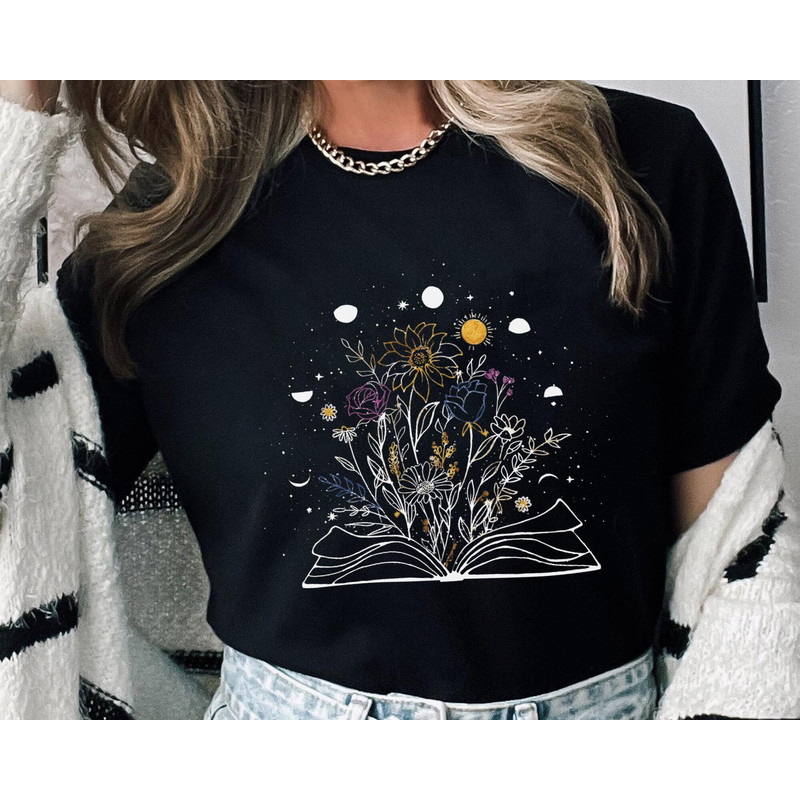 Book And Wildflowers Moon Phase Minimalist Shirt Mystical Celestial T-shirt Book and Plant Lover Floral Bookish Shirt Funny Gift - 2.jpg