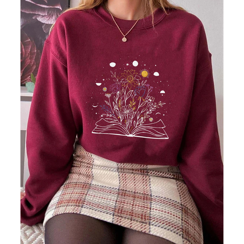 Book And Wildflowers Moon Phase Minimalist Shirt Mystical Celestial T-shirt Book and Plant Lover Floral Bookish Shirt Funny Gift - 4.jpg