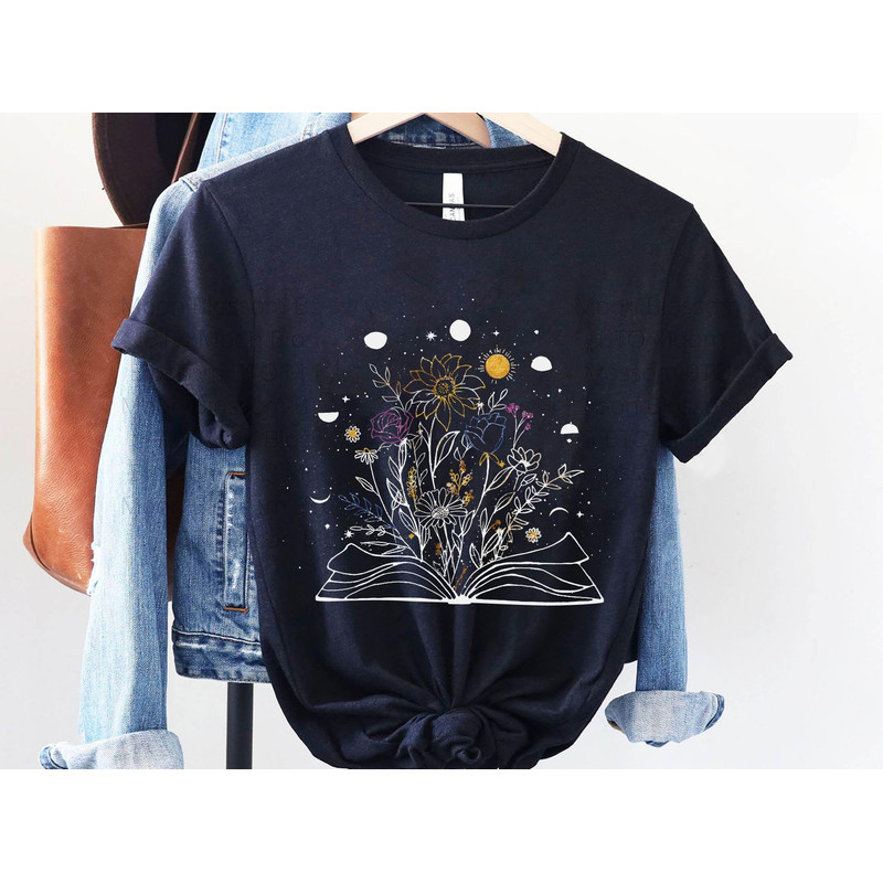 Book And Wildflowers Moon Phase Minimalist Shirt Mystical Celestial T-shirt Book and Plant Lover Floral Bookish Shirt Funny Gift - 5.jpg