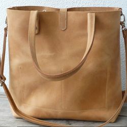 Large leather shoulder bag women, genuine sturdy but smooth cow leather camel brown, Shopping bag, minimalistic