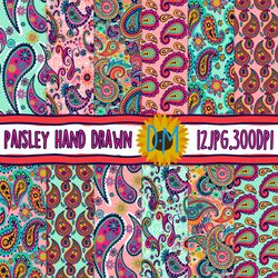 paisley seamless patterns, 12 hand drawn paisley digital paper set for scrapbooking and crafting, floral background