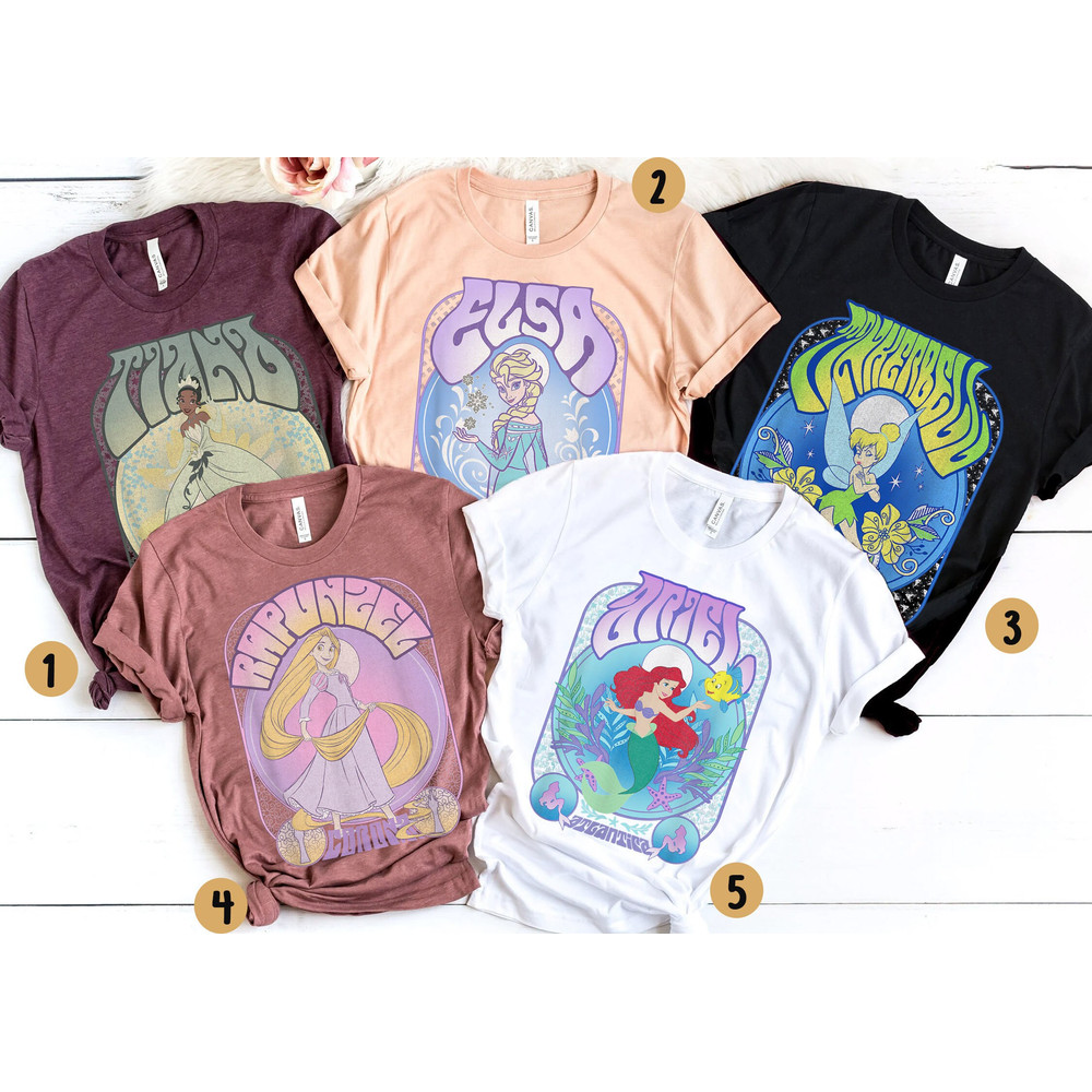 Disney Princess Seventies Retro Poster Shirt Disney Tiana Elsa Ariel Tinker Bell Tee Disney Birthday T-shirt Walt Disney World Trip - 1.jpg