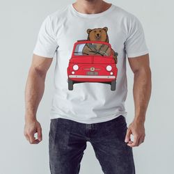 bear in a red fiat 500 shirt, unisex clothing, shirt for men women, graphic design, unisex shirt