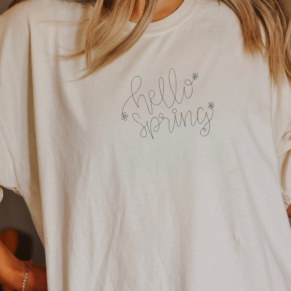 EMBROIDERED hello spring shirt, spring shirt, comfort colors shirt, flowers shirt, summer shirt, embrodiered tee, embrodiered t-shirt - 1.jpg