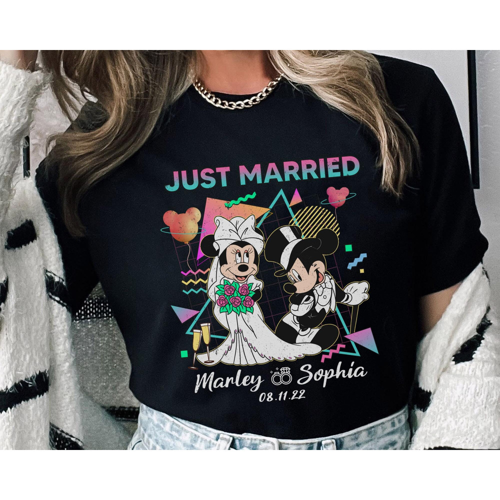 Personalized Retro 80s Just Married Mickey And Minnie Matching Tee Custom Husband And Wife Shirt Disney Wedding Anniversary T-shirt - 1.jpg