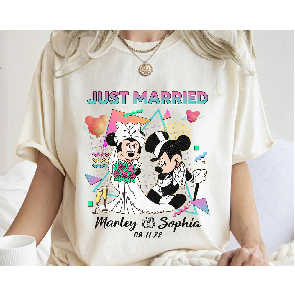 Personalized Retro 80s Just Married Mickey And Minnie Matching Tee Custom Husband And Wife Shirt Disney Wedding Anniversary T-shirt - 2.jpg