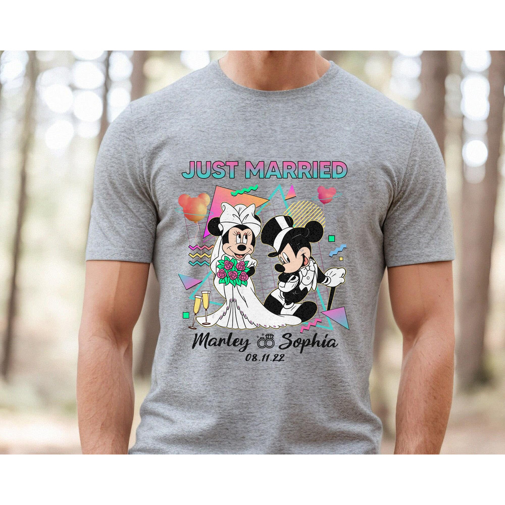 Personalized Retro 80s Just Married Mickey And Minnie Matching Tee Custom Husband And Wife Shirt Disney Wedding Anniversary T-shirt - 3.jpg