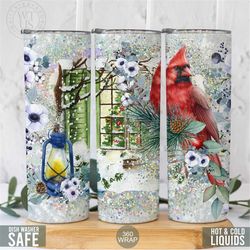 cardinal winter bird tumbler with straw - winter tumbler christmas gift for her - tumbler for holiday gift for her- card