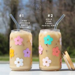 daisy cup iced coffee cup glass - beer can glass - retro flower iced coffee cup - glass cup coffee can beer - daisy soda
