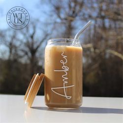 personalized iced coffee cup glass can soda cup with lid and straw for women, coffee lover gift , bridesmaids gift , cof